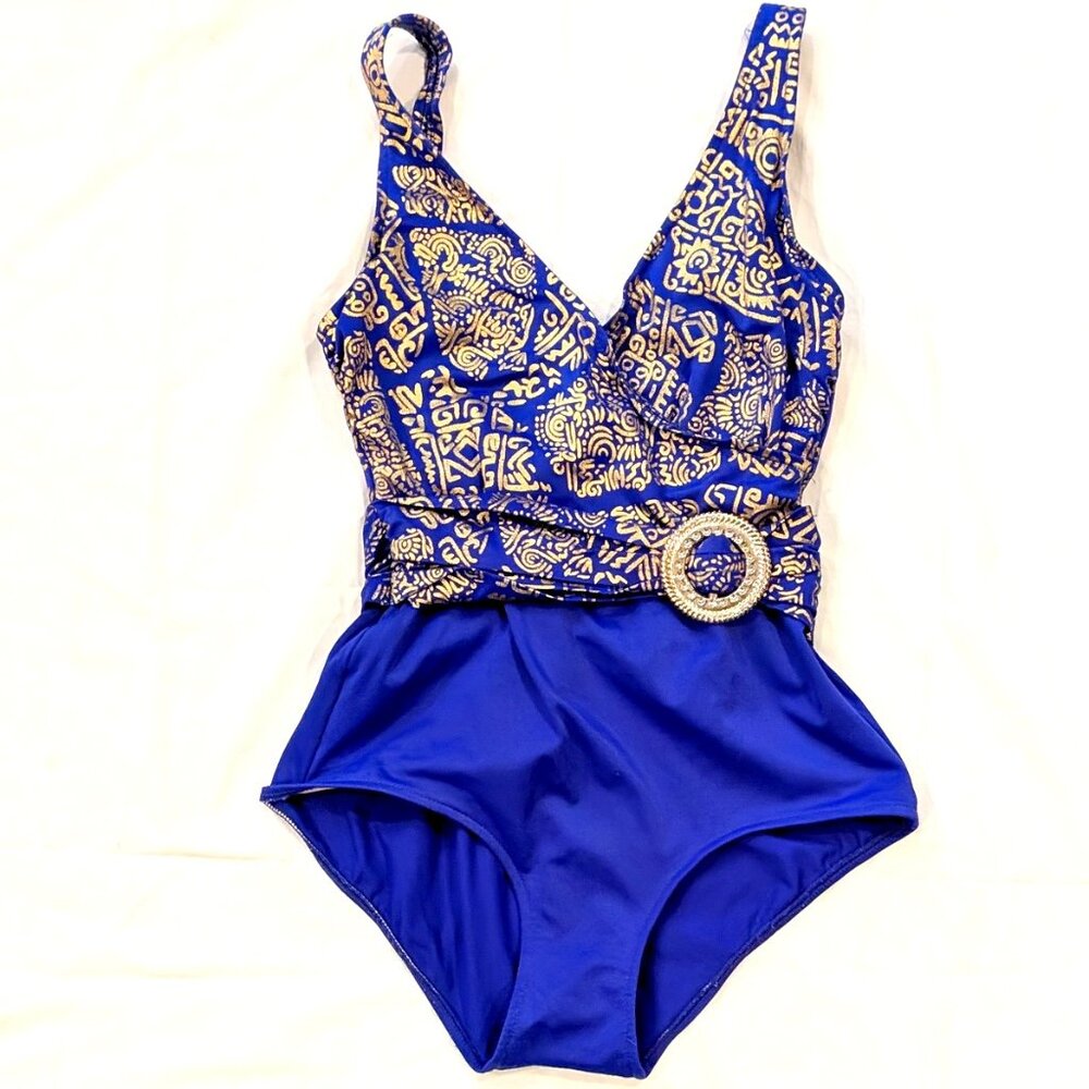 Vintage 1980's Catalina Gold & Cobalt Blue Belted One Piece Bathing Suite SZ M